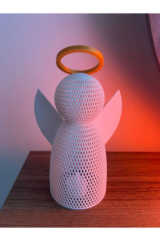 Beyaz 3D Baskı Melek Figürü – LED Mum Uyumlu, Altın Haleli, 22.5 cm Dekoratif Obje